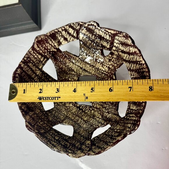 Art Studio Basket Weave Glazed Pottery Bowl 4 Footed Round Brown White READ - Picture 10 of 16